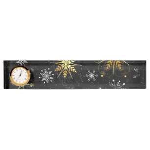 Xmas Golden Snowflakes on Black Background Nameplate