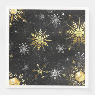 Xmas Golden Snowflakes on Black Background Napkin