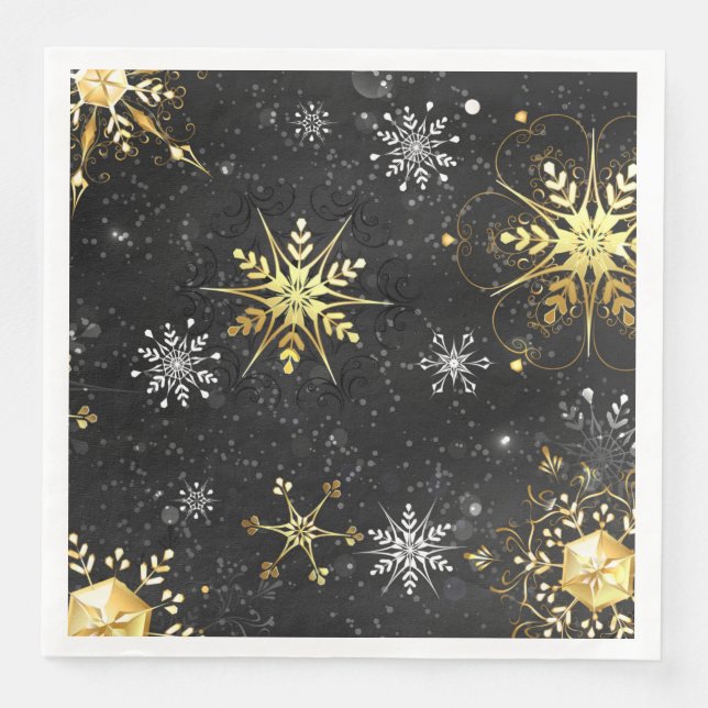 Xmas Golden Snowflakes on Black Background Napkin (Front)