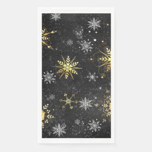 Xmas Golden Snowflakes on Black Background Napkin