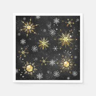 Xmas Golden Snowflakes on Black Background Napkin