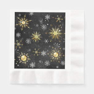 Xmas Golden Snowflakes on Black Background Napkin