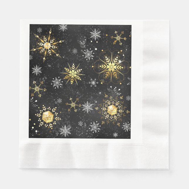 Xmas Golden Snowflakes on Black Background Napkin (Front)