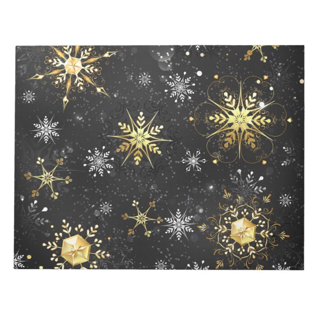 Xmas Golden Snowflakes on Black Background Notepad (Front)