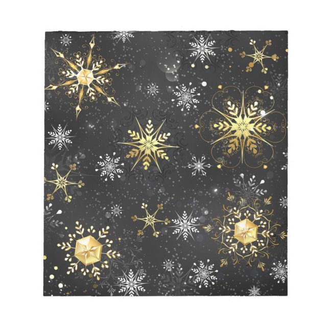 Xmas Golden Snowflakes on Black Background Notepad (Front)