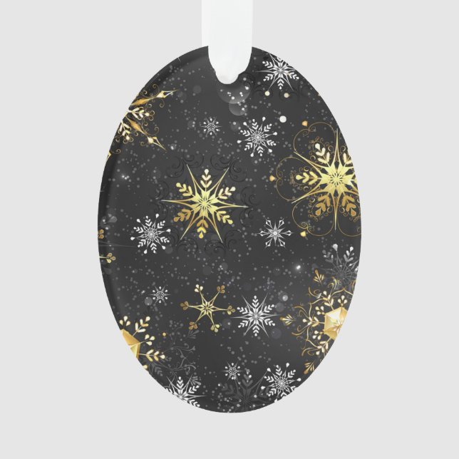 Xmas Golden Snowflakes on Black Background Ornament (Front)