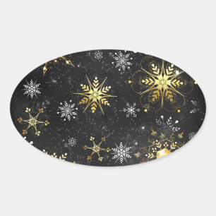 Xmas Golden Snowflakes on Black Background Oval Sticker