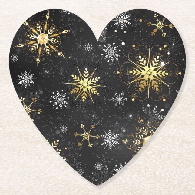 Xmas Golden Snowflakes on Black Background Paper Coaster (Front)
