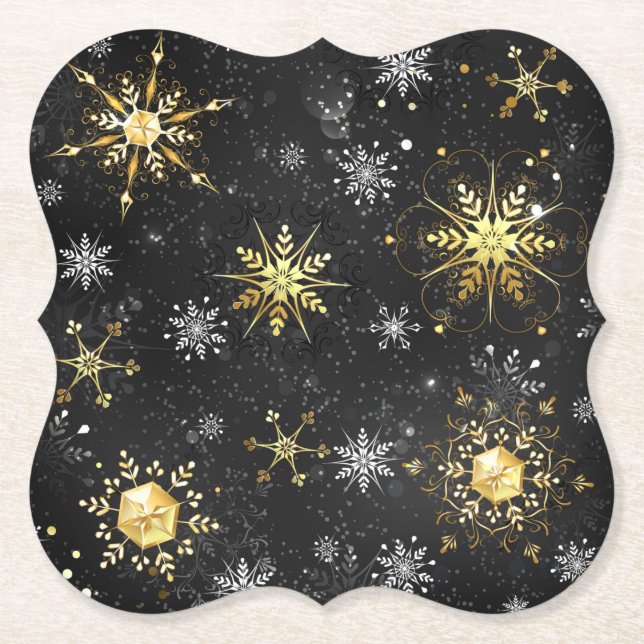 Xmas Golden Snowflakes on Black Background Paper Coaster (Front)
