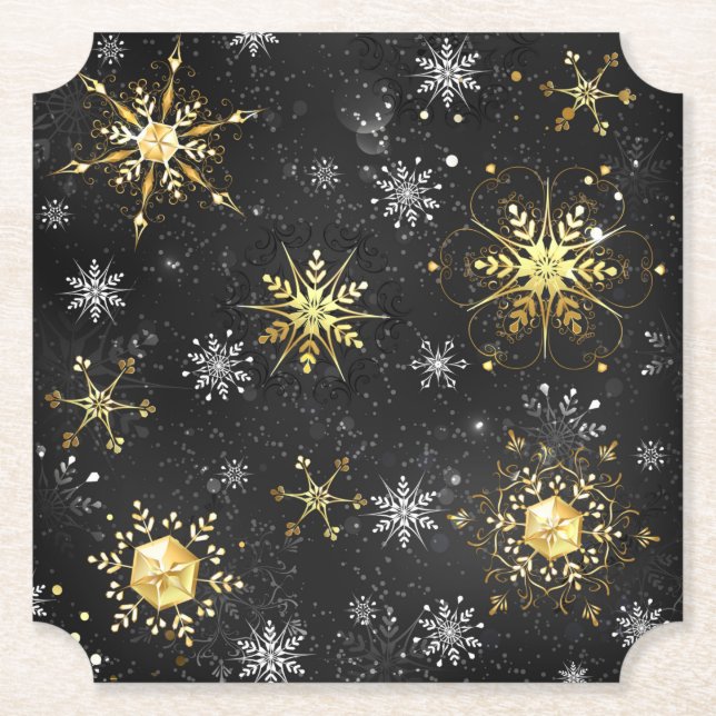 Xmas Golden Snowflakes on Black Background Paper Coaster (Front)