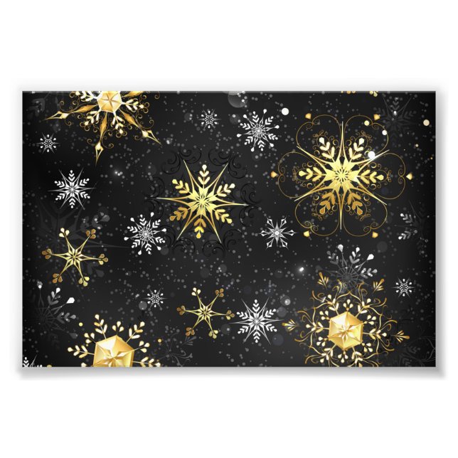 Xmas Golden Snowflakes on Black Background Photo Print (Front)