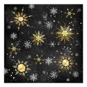 Xmas Golden Snowflakes on Black Background Photo Print