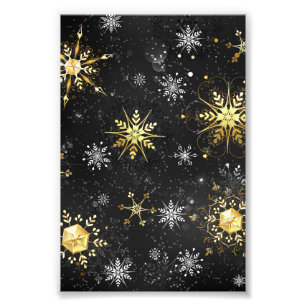 Xmas Golden Snowflakes on Black Background Photo Print