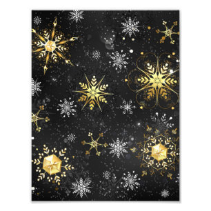 Xmas Golden Snowflakes on Black Background Photo Print