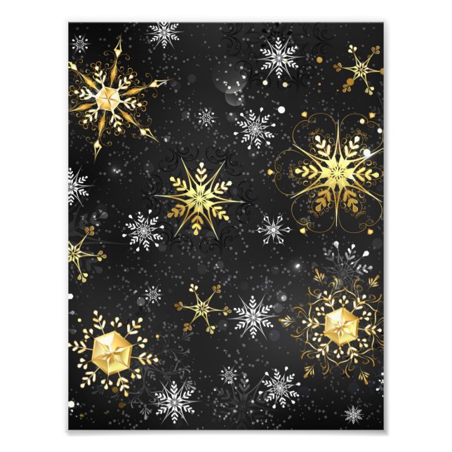 Xmas Golden Snowflakes on Black Background Photo Print (Front)
