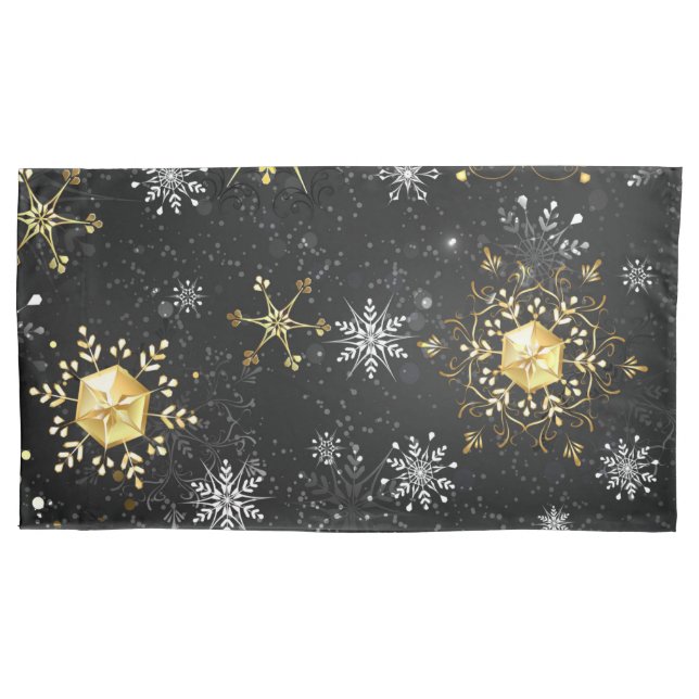 Xmas Golden Snowflakes on Black Background Pillowcase (Front)