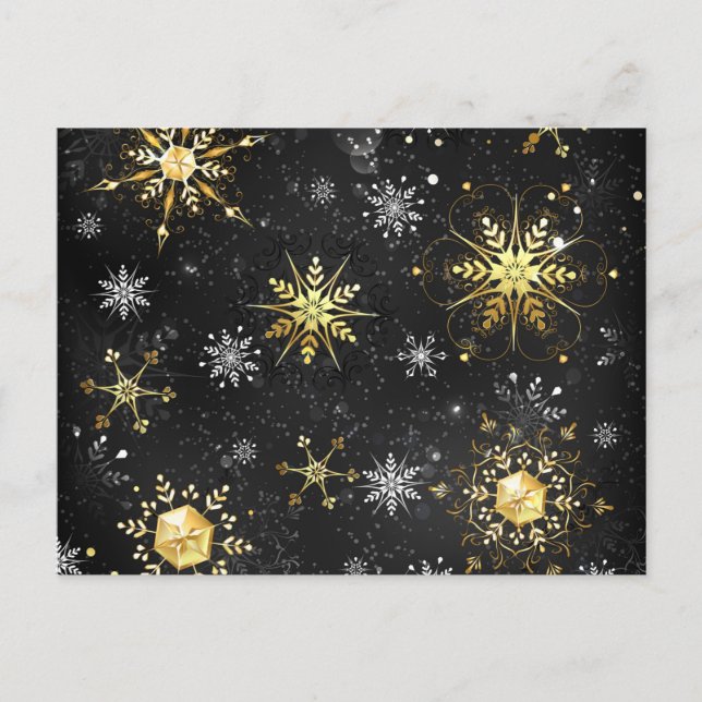 Xmas Golden Snowflakes on Black Background Postcard (Front)