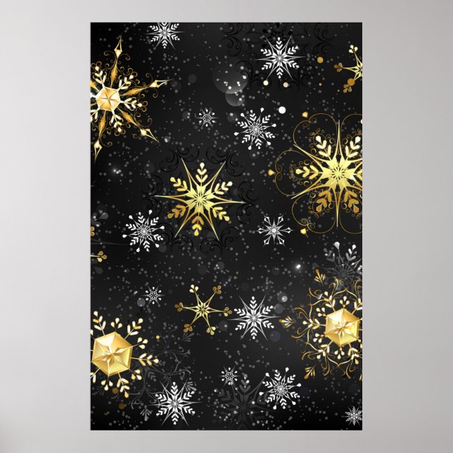 Xmas Golden Snowflakes on Black Background Poster (Front)