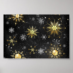 Xmas Golden Snowflakes on Black Background Poster