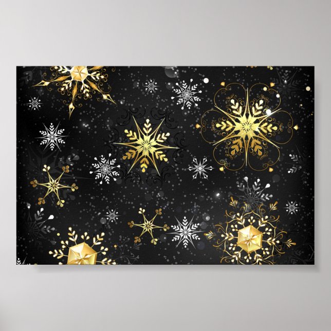 Xmas Golden Snowflakes on Black Background Poster (Front)