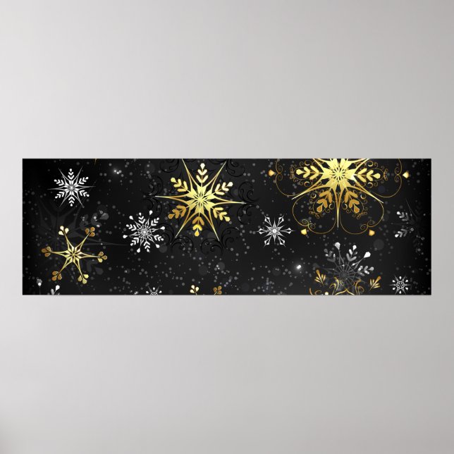 Xmas Golden Snowflakes on Black Background Poster (Front)