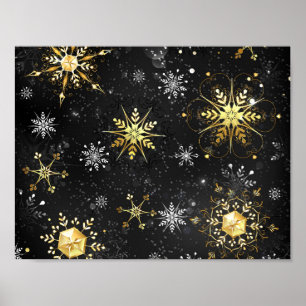 Xmas Golden Snowflakes on Black Background Poster