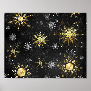 Xmas Golden Snowflakes on Black Background Poster