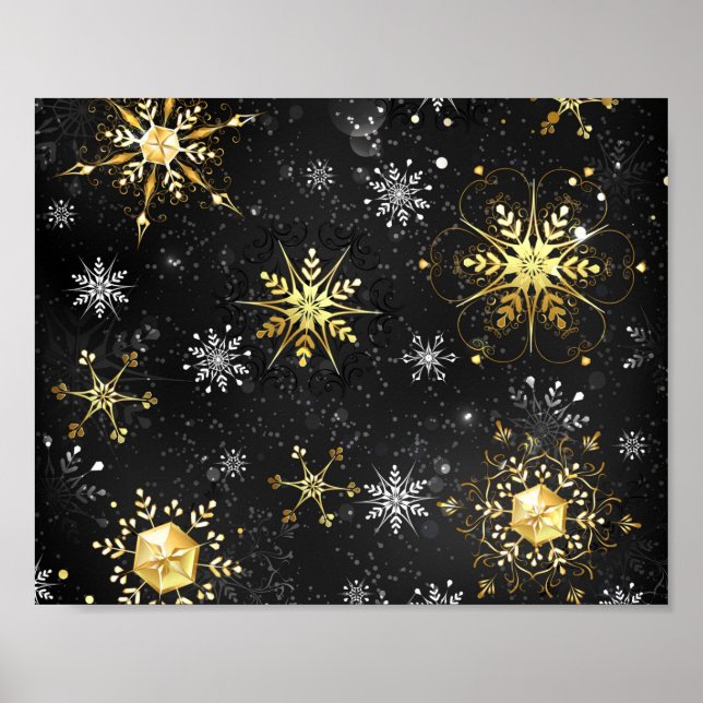 Xmas Golden Snowflakes on Black Background Poster (Front)