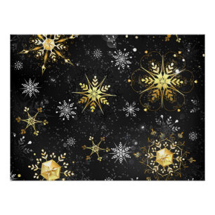 Xmas Golden Snowflakes on Black Background Poster