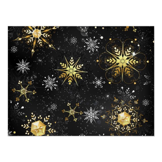 Xmas Golden Snowflakes on Black Background Poster (Front)