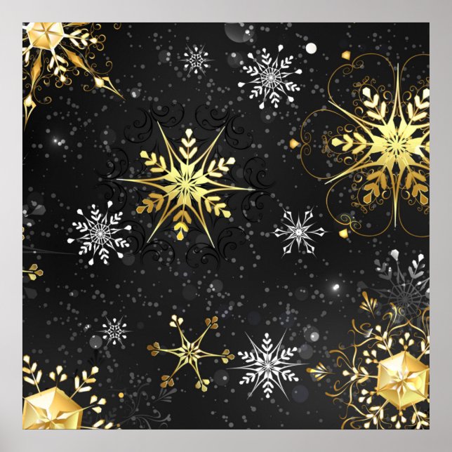 Xmas Golden Snowflakes on Black Background Poster (Front)