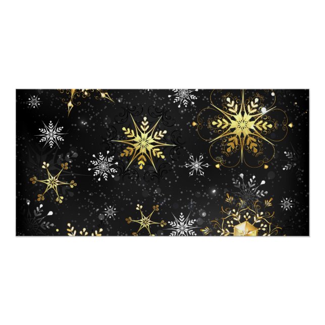 Xmas Golden Snowflakes on Black Background Poster (Front)