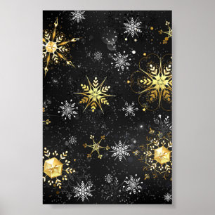 Xmas Golden Snowflakes on Black Background Poster