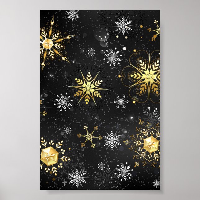 Xmas Golden Snowflakes on Black Background Poster (Front)