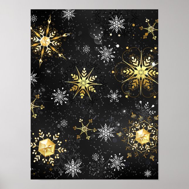 Xmas Golden Snowflakes on Black Background Poster (Front)