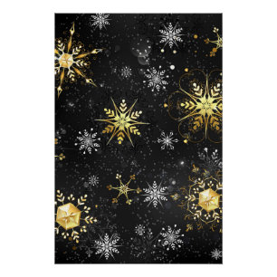 Xmas Golden Snowflakes on Black Background Poster