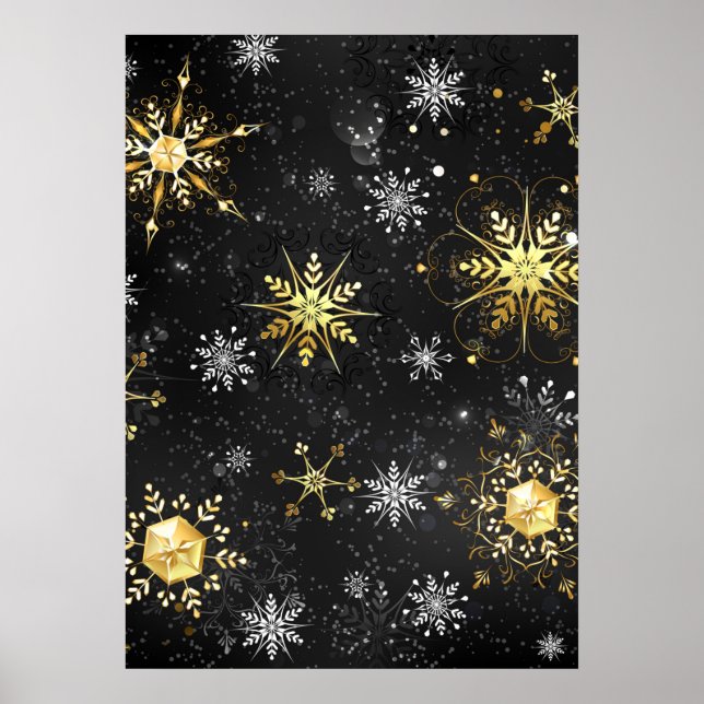 Xmas Golden Snowflakes on Black Background Poster (Front)