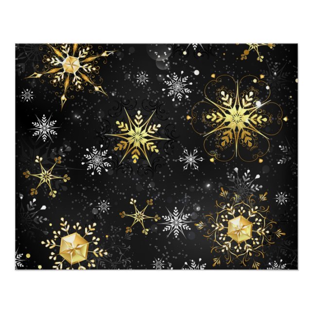 Xmas Golden Snowflakes on Black Background Poster (Front)