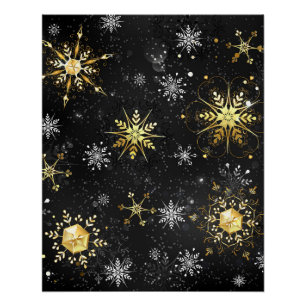 Xmas Golden Snowflakes on Black Background Poster