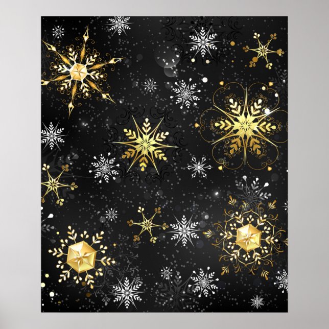 Xmas Golden Snowflakes on Black Background Poster (Front)