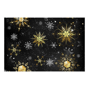 Xmas Golden Snowflakes on Black Background Poster