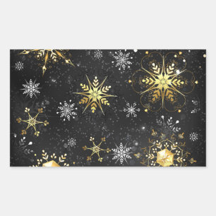 Xmas Golden Snowflakes on Black Background Rectangular Sticker