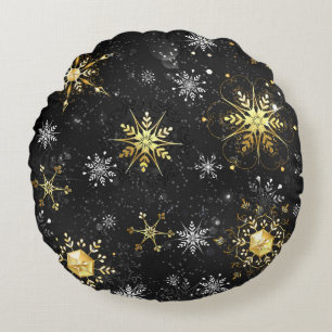 Xmas Golden Snowflakes on Black Background Round Cushion