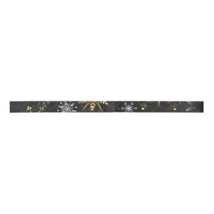 Xmas Golden Snowflakes on Black Background Satin Ribbon