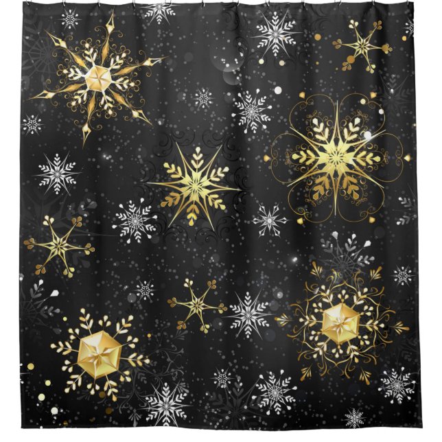 Xmas Golden Snowflakes on Black Background Shower Curtain (Front)