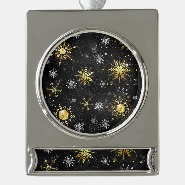 Xmas Golden Snowflakes on Black Background Silver Plated Banner Ornament (Front)