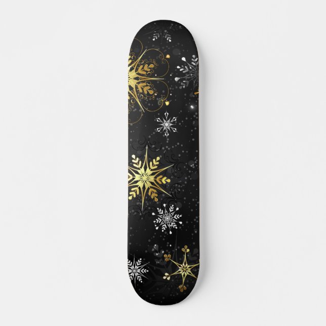 Xmas Golden Snowflakes on Black Background Skateboard (Front)
