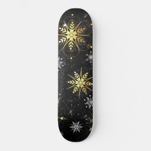 Xmas Golden Snowflakes on Black Background Skateboard
