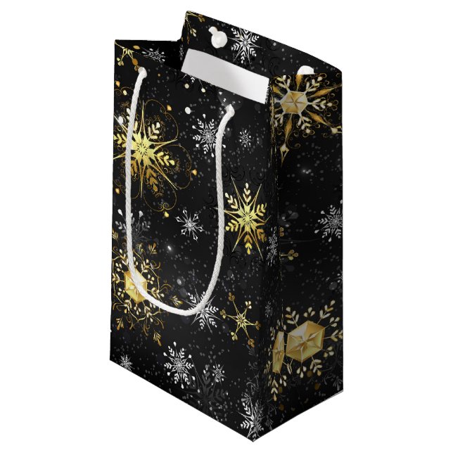 Xmas Golden Snowflakes on Black Background Small Gift Bag (Front Angled)