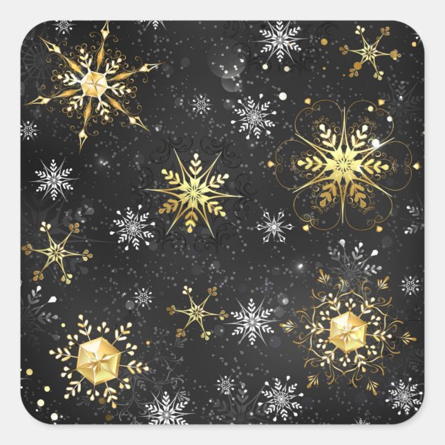 Xmas Golden Snowflakes on Black Background Square Sticker (Front)